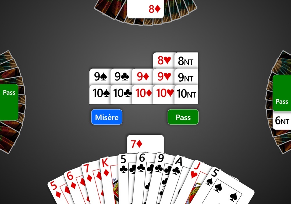 Screenshot of the bidding options for Australian 500 in Trickster Cards. Options to bid up to 10 or Misère are displayed.