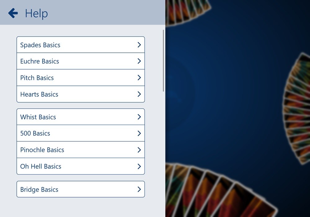 A screenshot of the list of basics help for games in Trickster Cards.