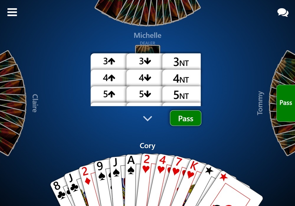 Screenshot of the bid options for a game of Bid Whist in Trickster Cards. The player can choose to bid three or more uptown, downdown, or in no trump.