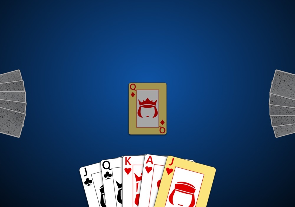 Screenshot of a 3-player game of Euchre in Trickster Euchre. The hand is visible for the local player and face-down hands are shown on the left and right for their two opponents.