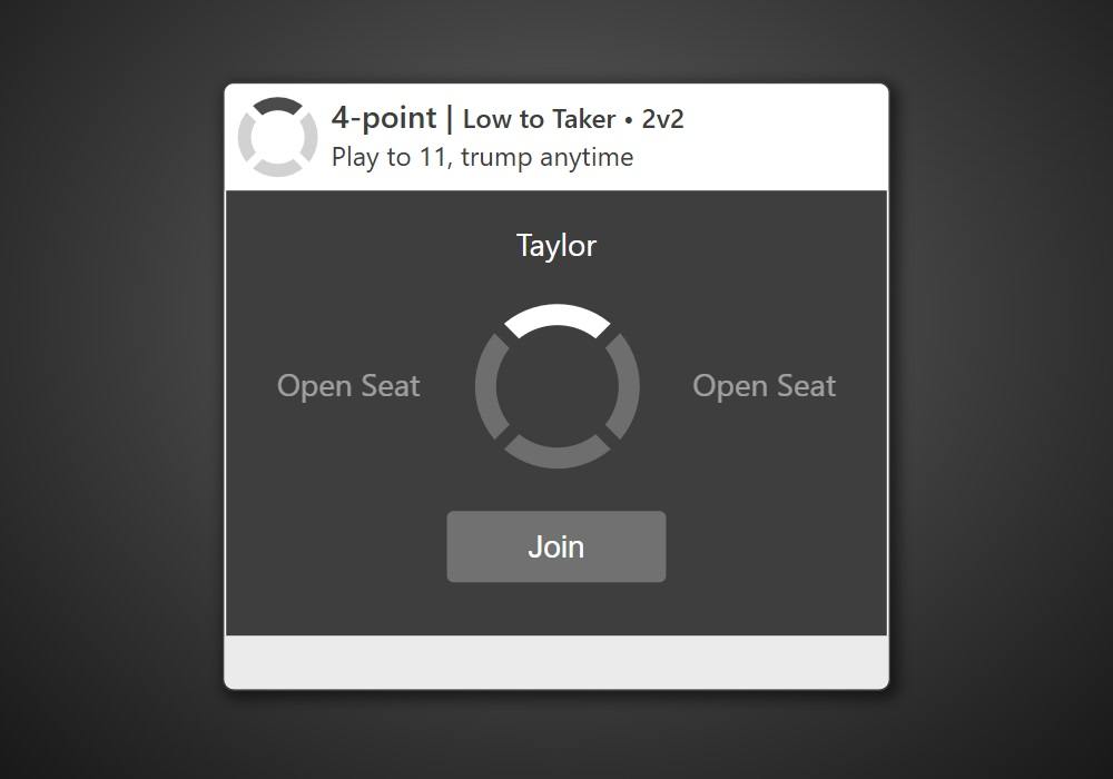 A zoomed-in screenshot of a table for a 4-point Pitch game with open seats in Trickster Cards. The table shows the chosen rules, one player already seated, and the option to choose to join the game.