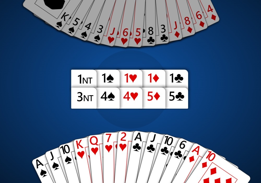 Screenshot of MiniBridge bidding in Trickster Bridge. Only the 1-level partscore and game-level bids are displayed to choose from. The dummy has been revealed so the declarer can learn how to decide the appropriate contract based on full knowledge of the cards.