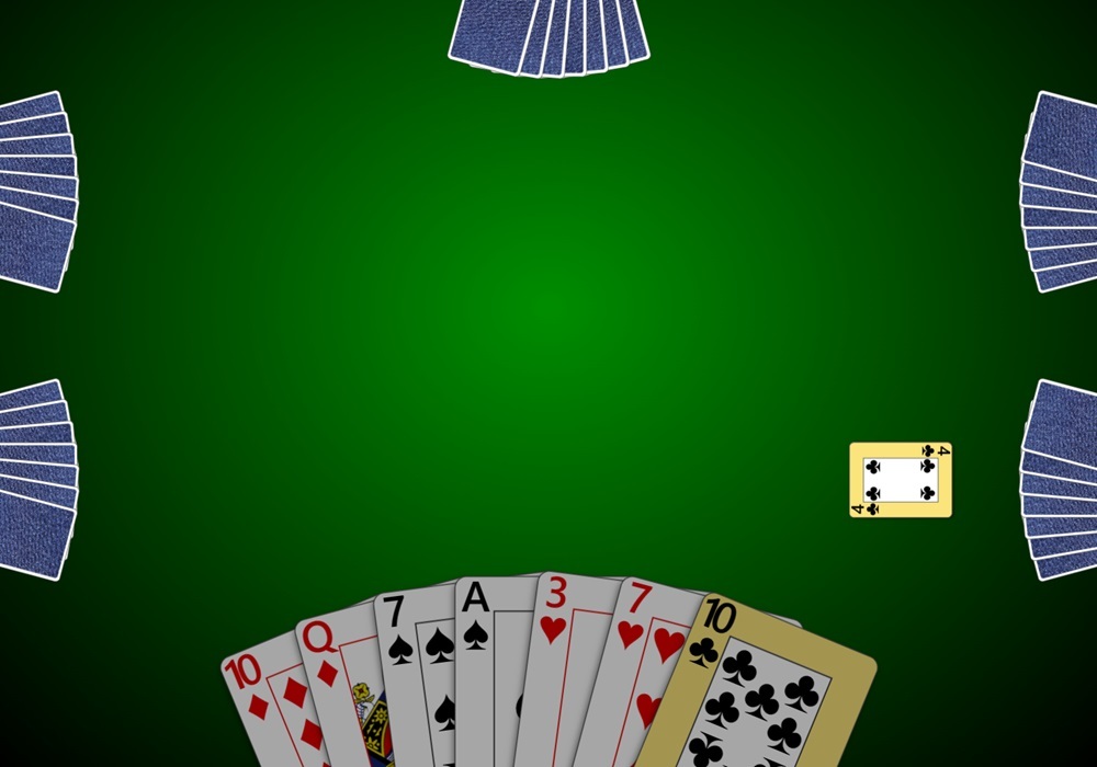 Screenshot of a 6-player game of Oh Hell in Trickster Cards. The local player's cards are displayed face-up and all other players' cards are face-down.