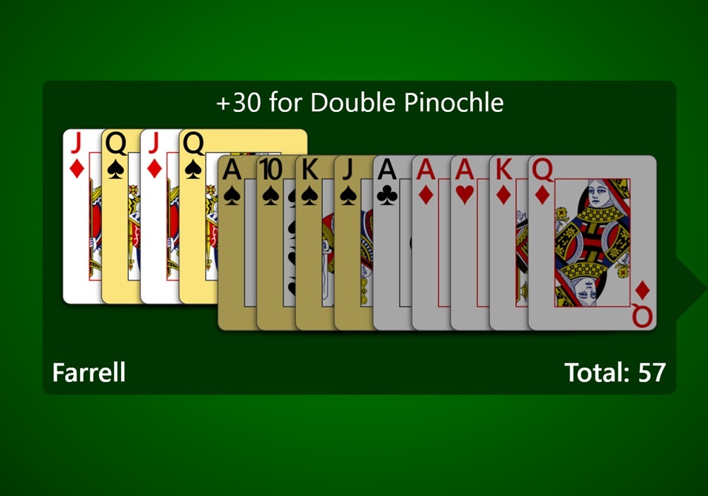 A zoomed-in screenshot of the automatic meld display for Pinochle in Trickster Cards. The first meld of a double Pinochle is currently highlighted.