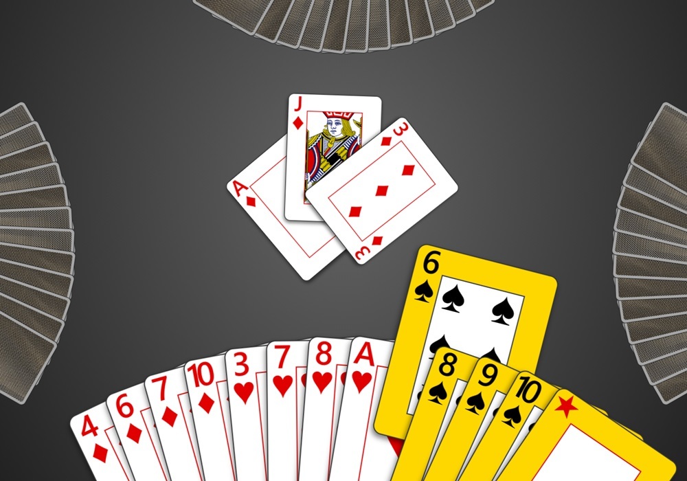 Screenshot of a game of Spades in Trickster Cards with a trick in progress demonstrating the optional 'Allow Renege' house rule. The Ace of Diamonds was led, and the current player could follow suit, but is choosing to trump in with the Six of Spades.