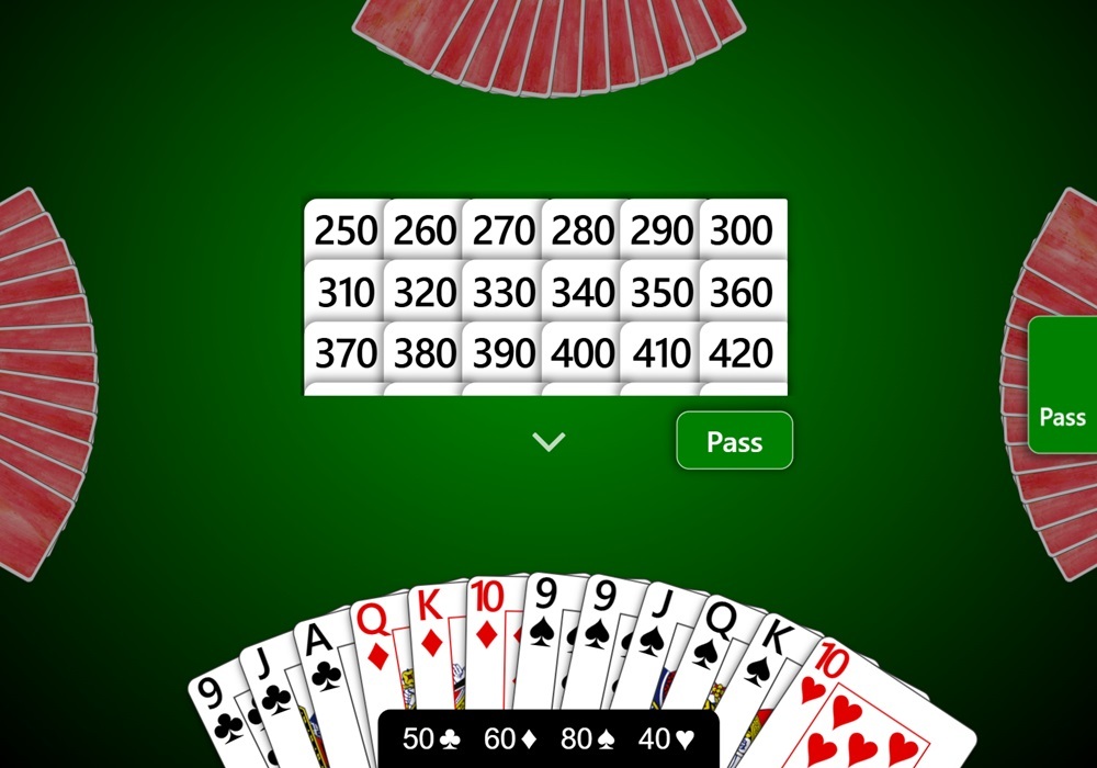 Screenshot of bidding options for single deck Pinochle in Trickster Cards. Classic scoring is being used and bidding starts at 250.