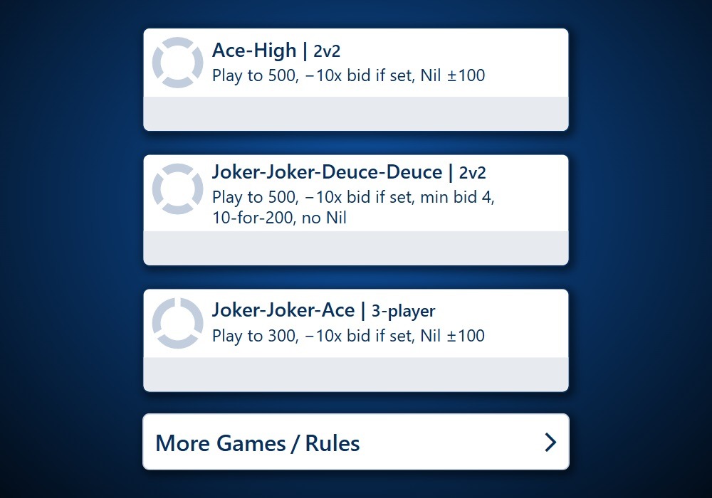 A zoomed-in screenshot of a list of popular house rules for Spades in Trickster Cards. Options for Ace-High, Joker-Joker-Deuce-Deuce, and Joker-Joker-Ace are displayed.