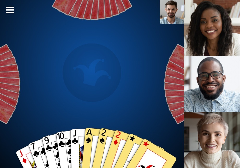 Screenshot of a game with video chat enabled in Trickster Cards. Three videos for the other players are displayed to the right and a video preview for the local player is displayed near the top-right.