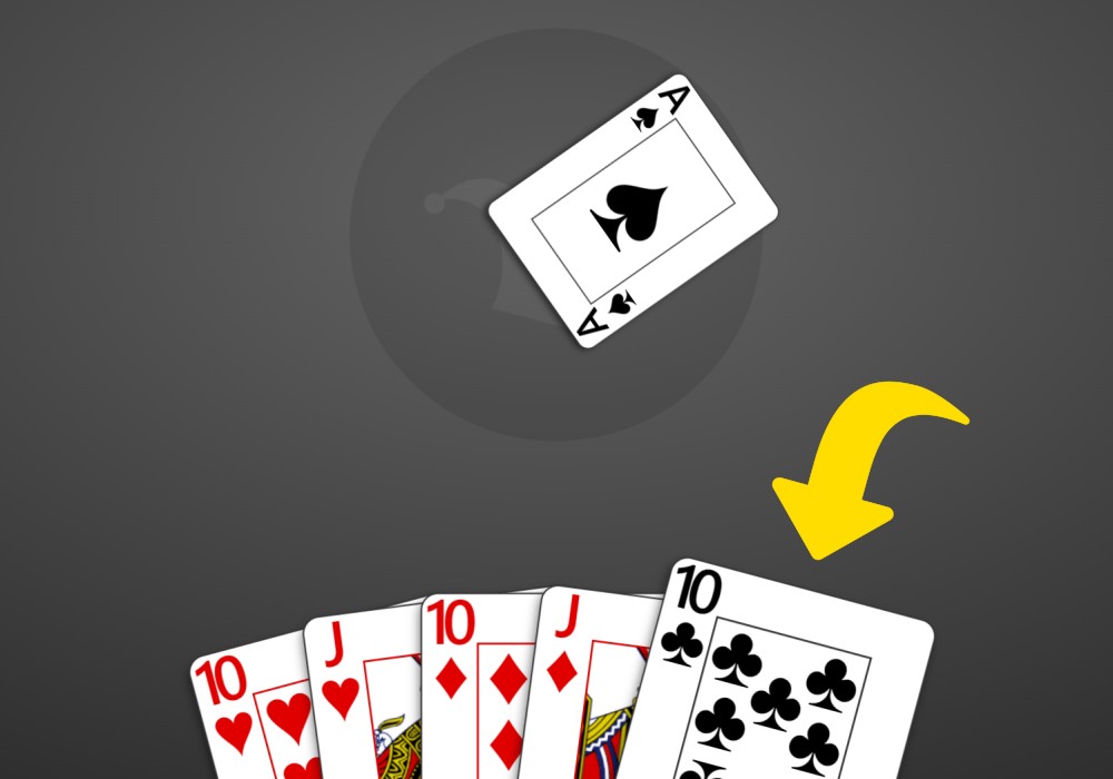 A zoomed-in screenshot of a suggested play in Trickster Cards. The Ten of Clubs is raised slightly in the player's hand, suggesting it. A yellow arrow has been added to the screenshot to help highlight the suggestion.