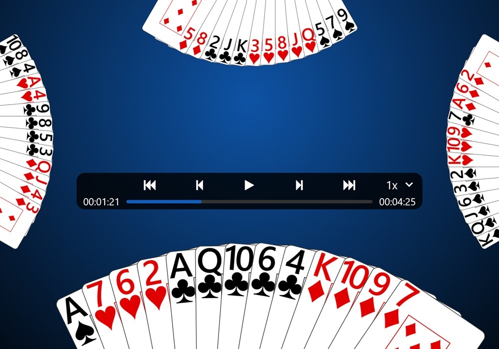 Screenshot of a face-up replay of a game of Trickster Bridge. Here, all cards can be seen with video player-esque controls for skipping forward/backward to different parts of the replay.